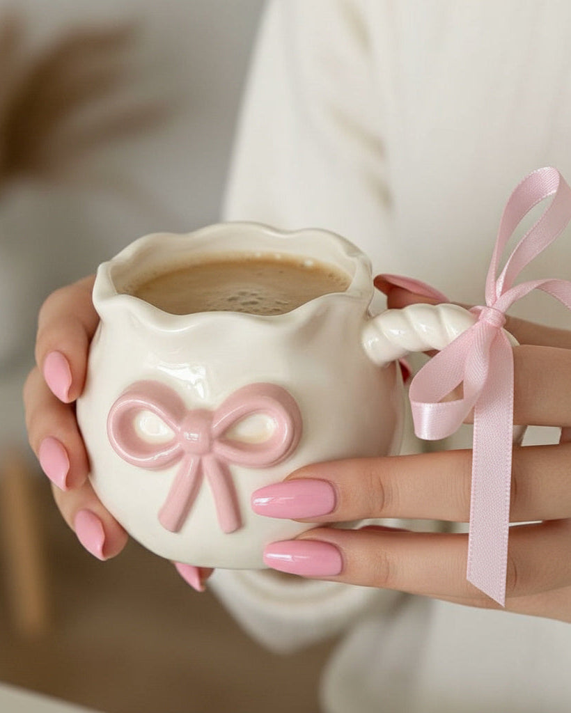 Cream Mug Pink Sculpted Bow