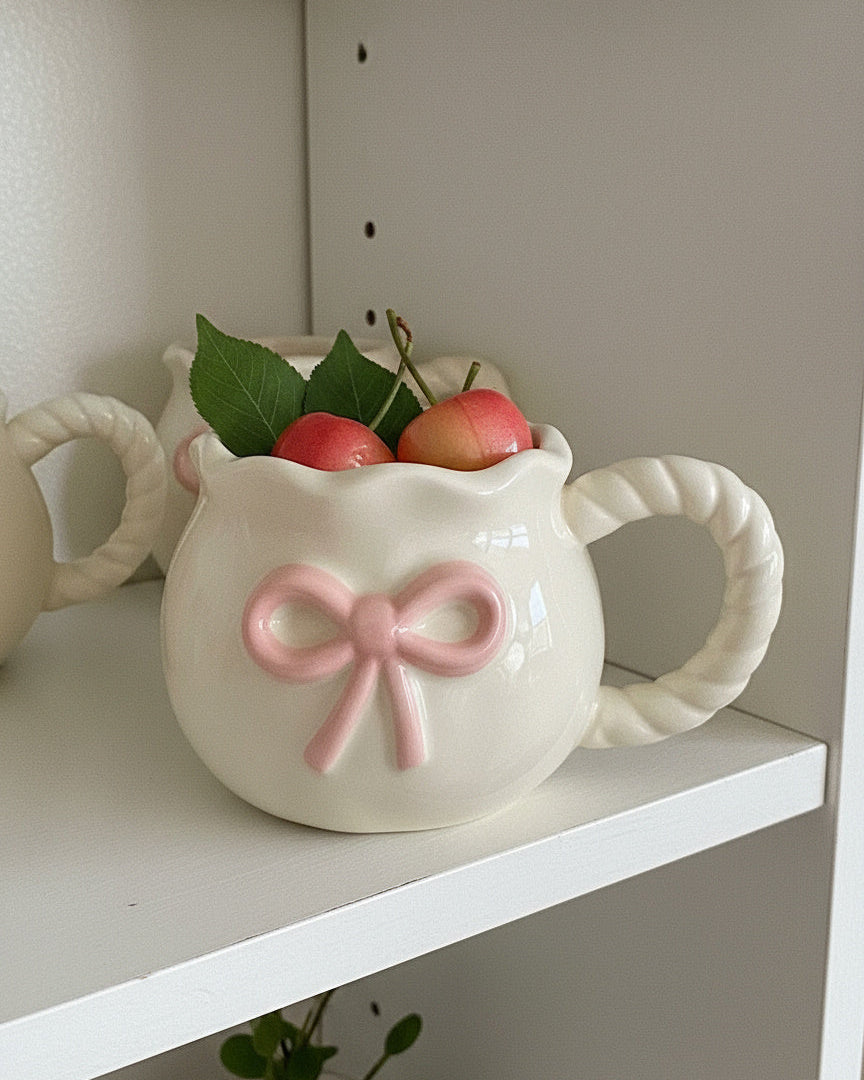 Cream Mug Pink Sculpted Bow