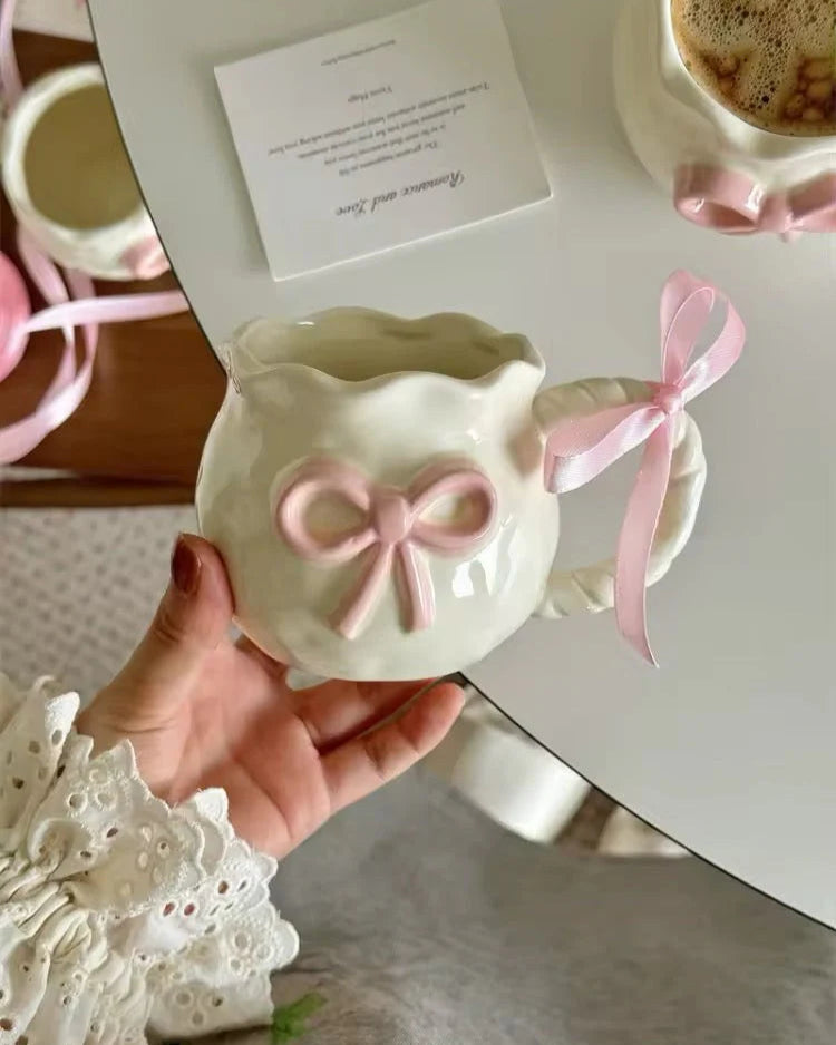 Cream Mug Pink Sculpted Bow