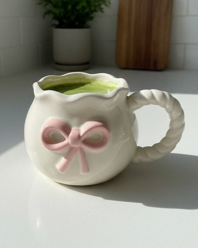 Cream Mug Pink Sculpted Bow