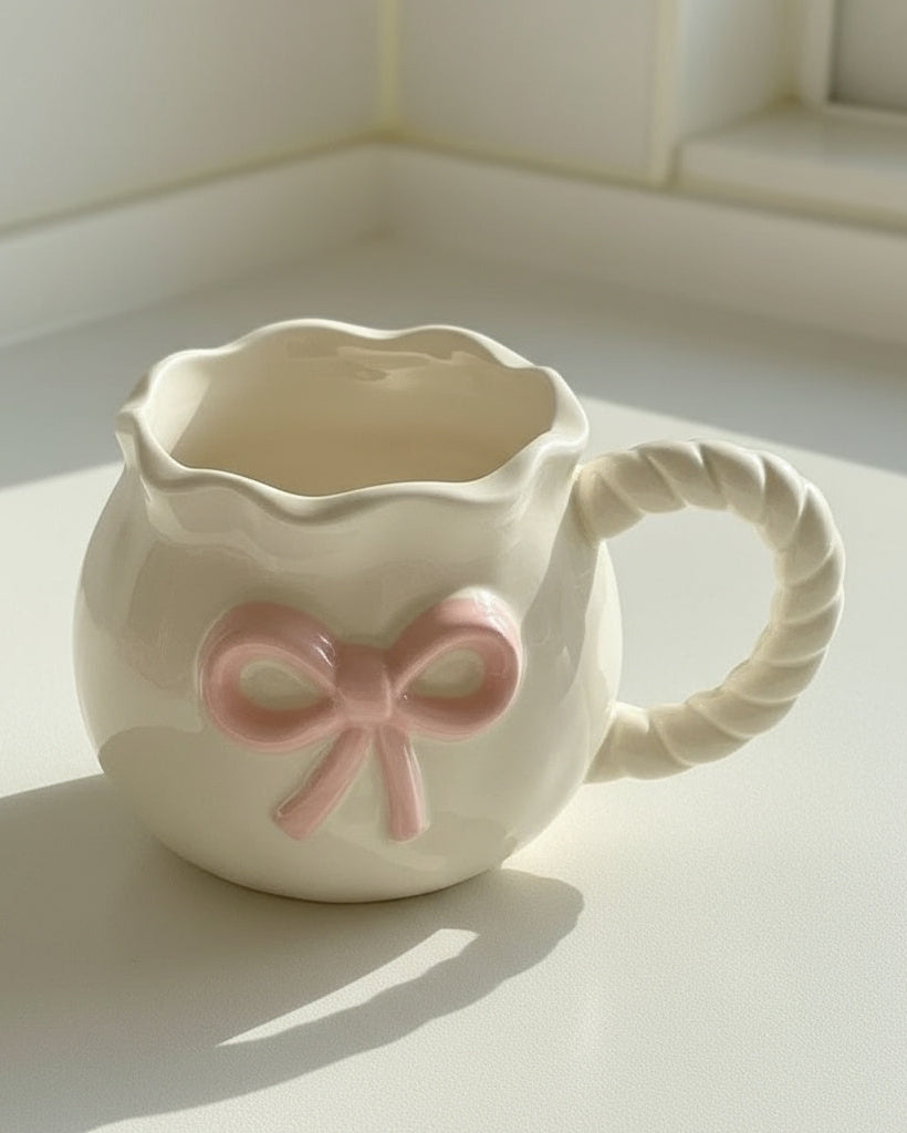 Cream Mug Pink Sculpted Bow