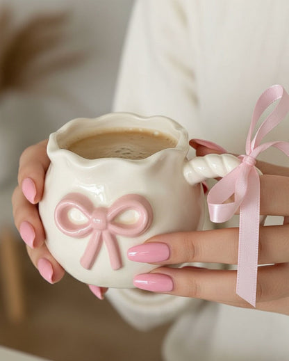 Cream Mug Pink Sculpted Bow