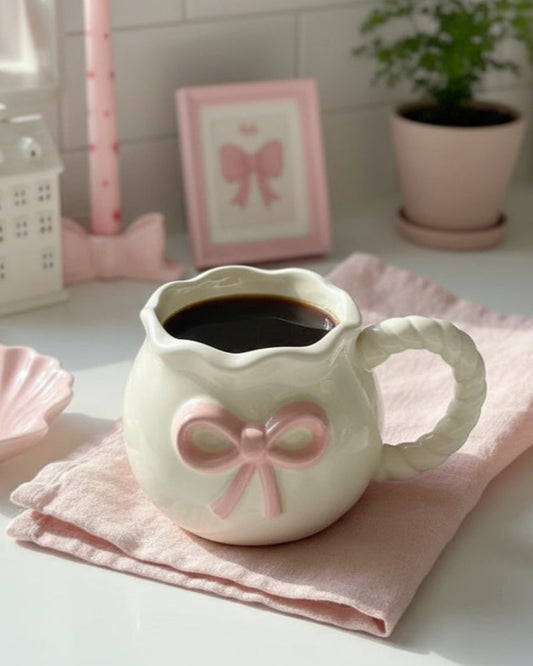 Cream Mug Pink Sculpted Bow