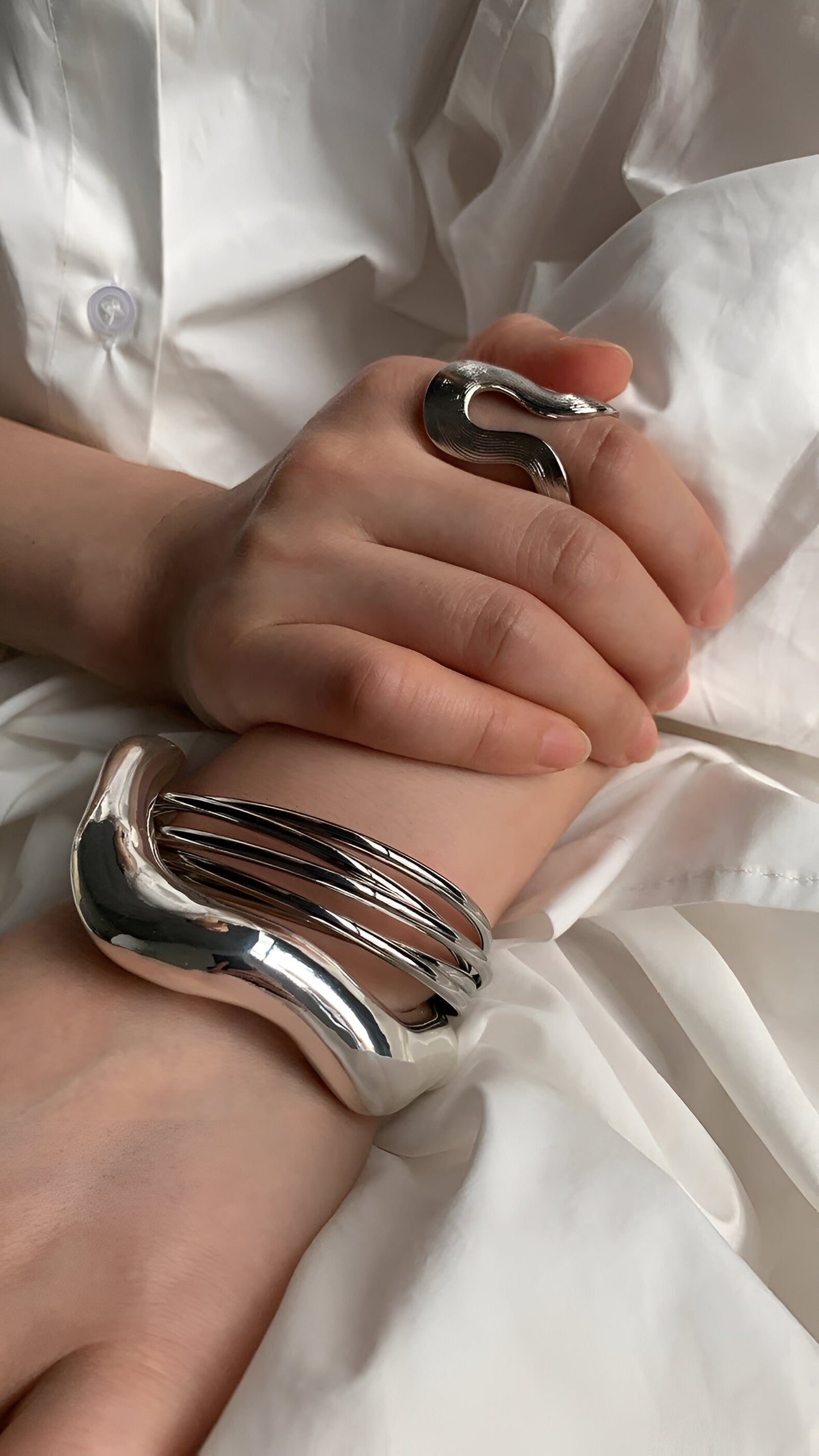 Futuristic Layered Silver Bangle Set