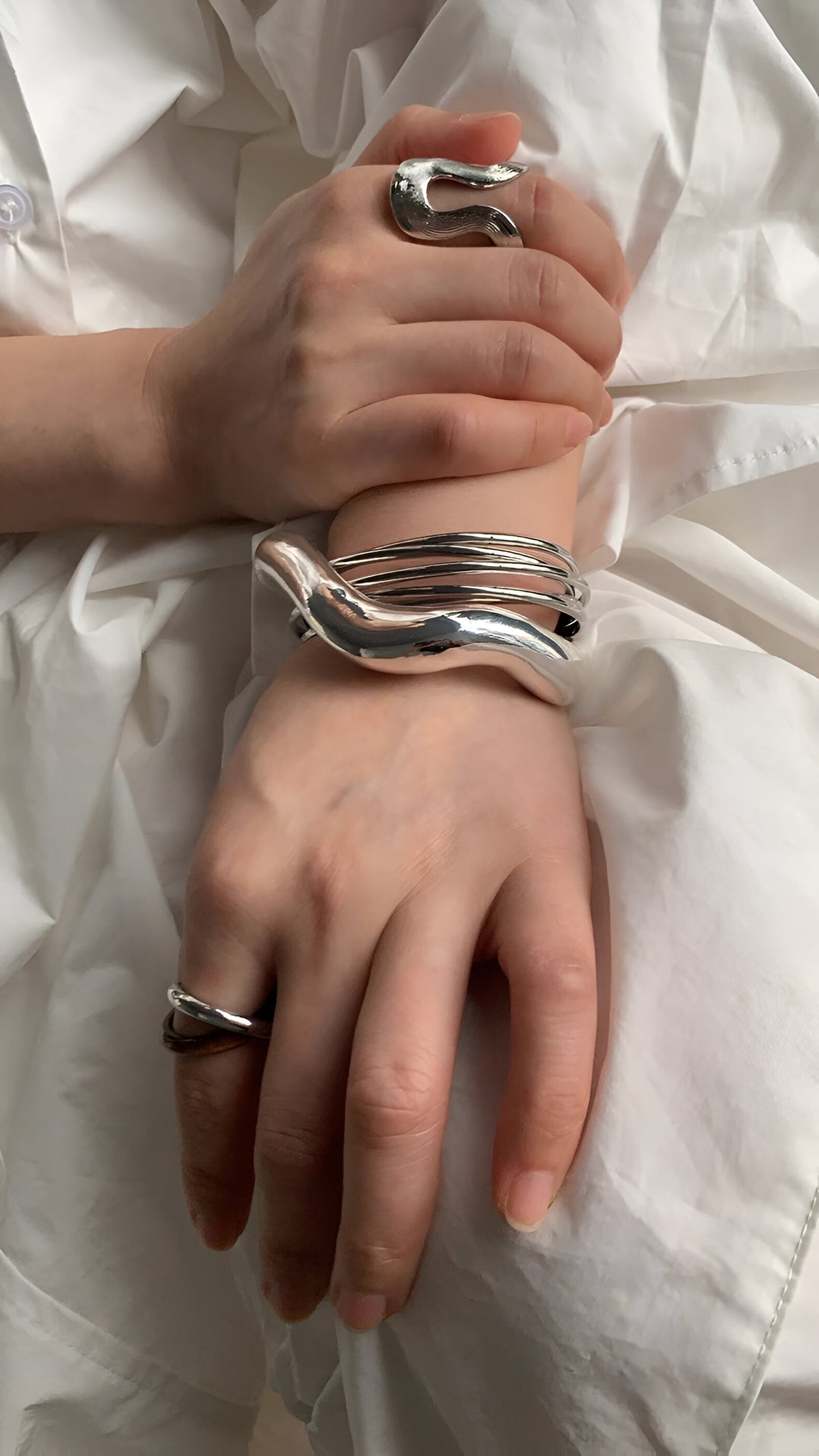 Futuristic Layered Silver Bangle Set