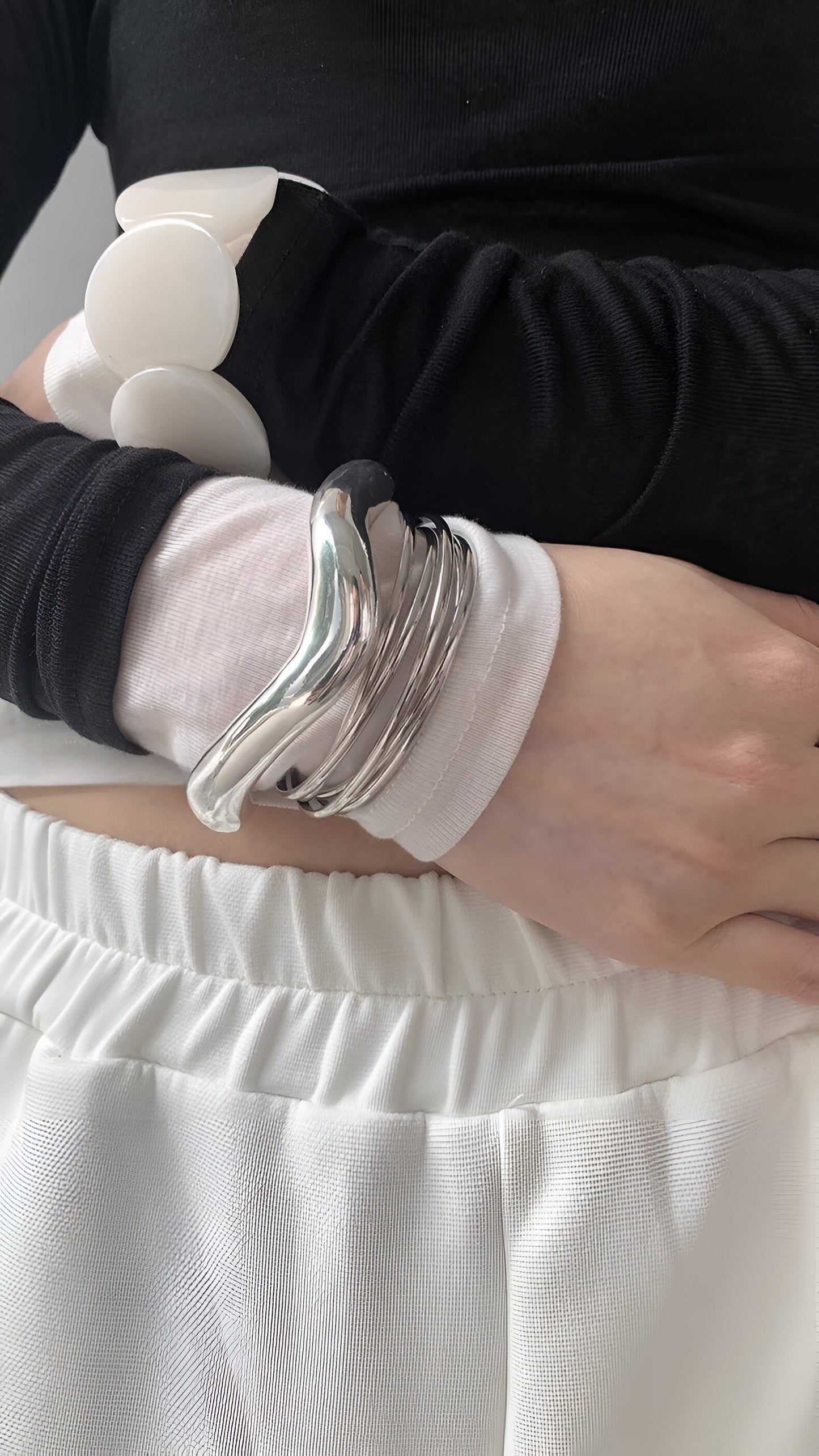 Futuristic Layered Silver Bangle Set
