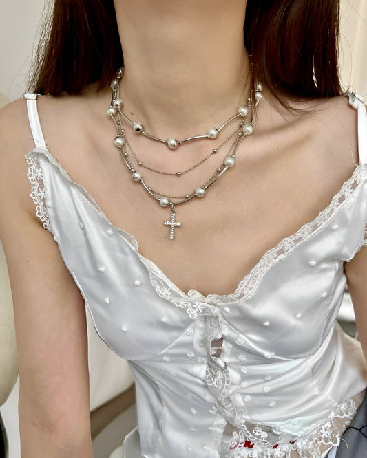 Layered Pearl and Cross Pendant Necklace