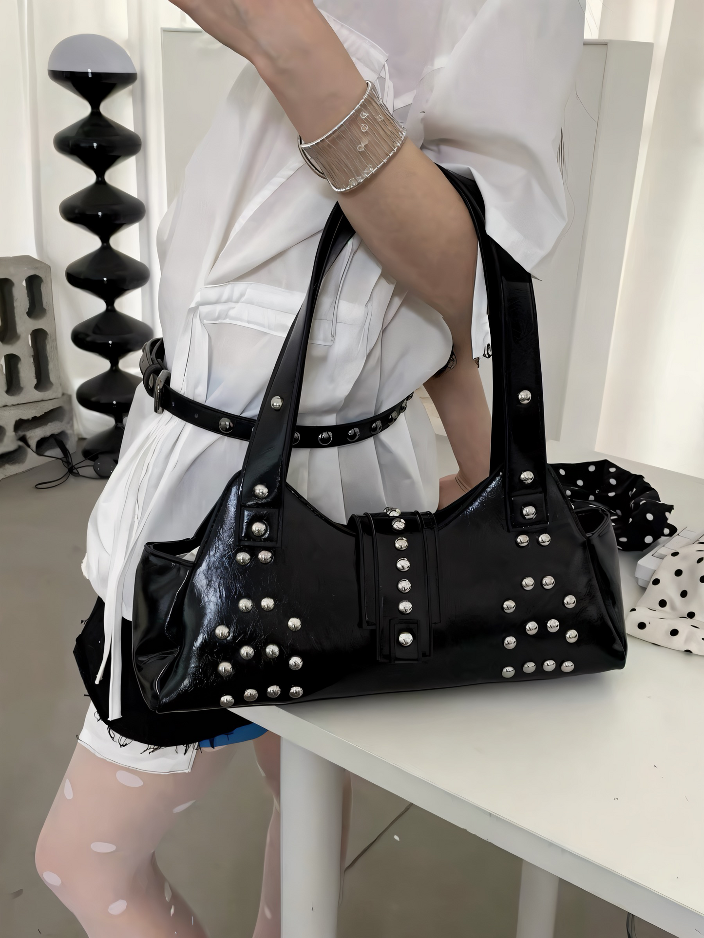 Black Grunge Studded Shoulder Bag