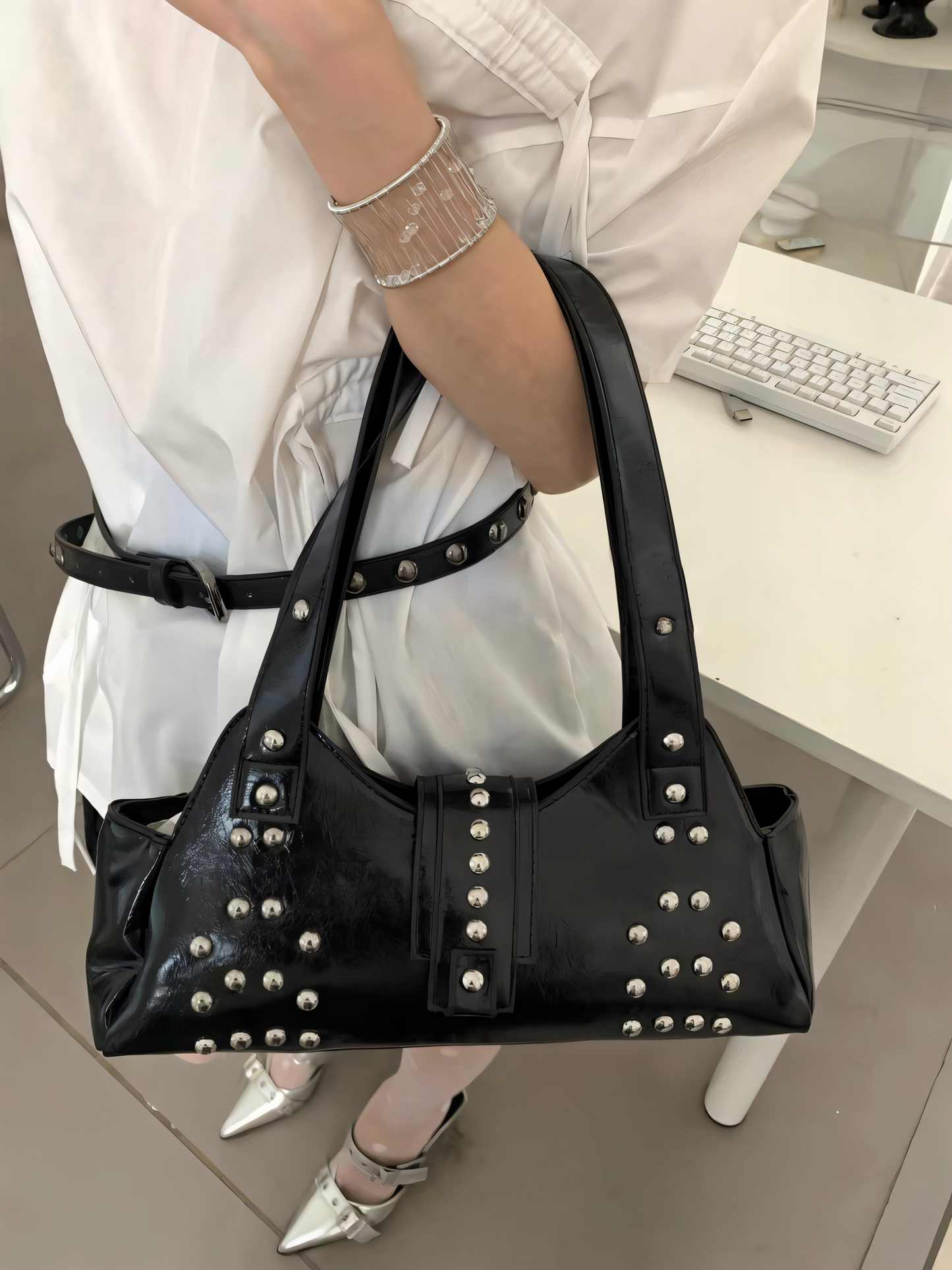 Black Grunge Studded Shoulder Bag