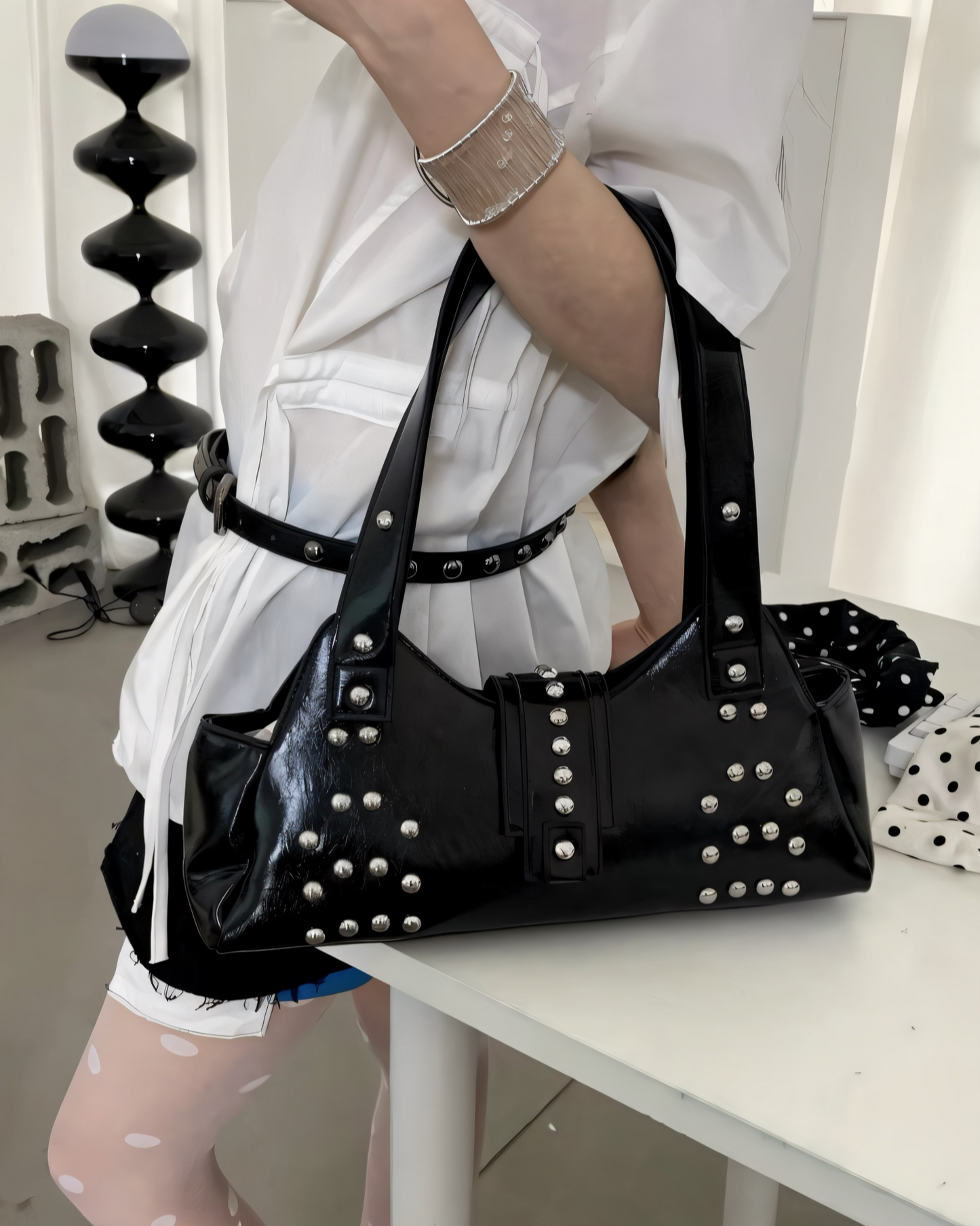Black Grunge Studded Shoulder Bag