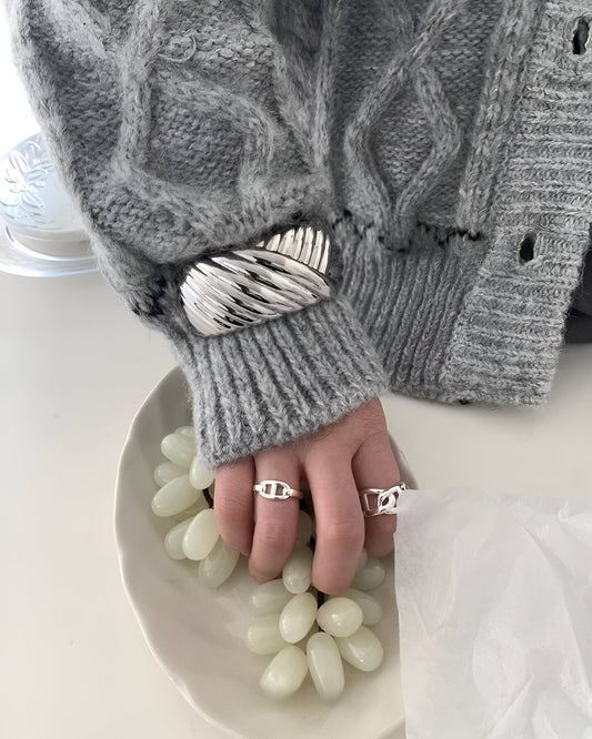 Ridged Silver Cuff Chunky  Bangle Bracelet
